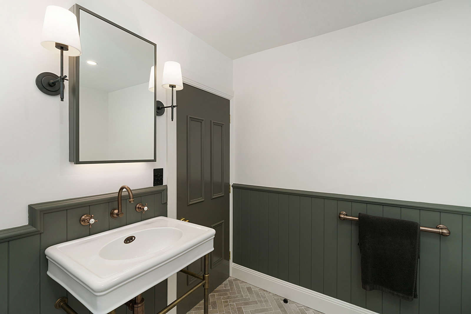 Bathroom renovation Southern Highlands — heritage green with bronze fixtures