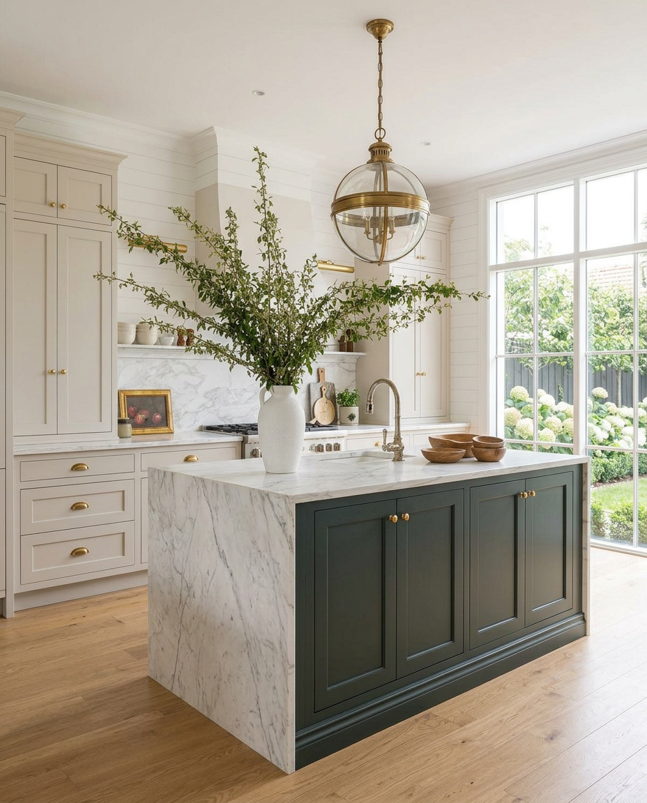 Kitchen renovation Balmain NSW — dark cabinetry, marble island, brass pendants